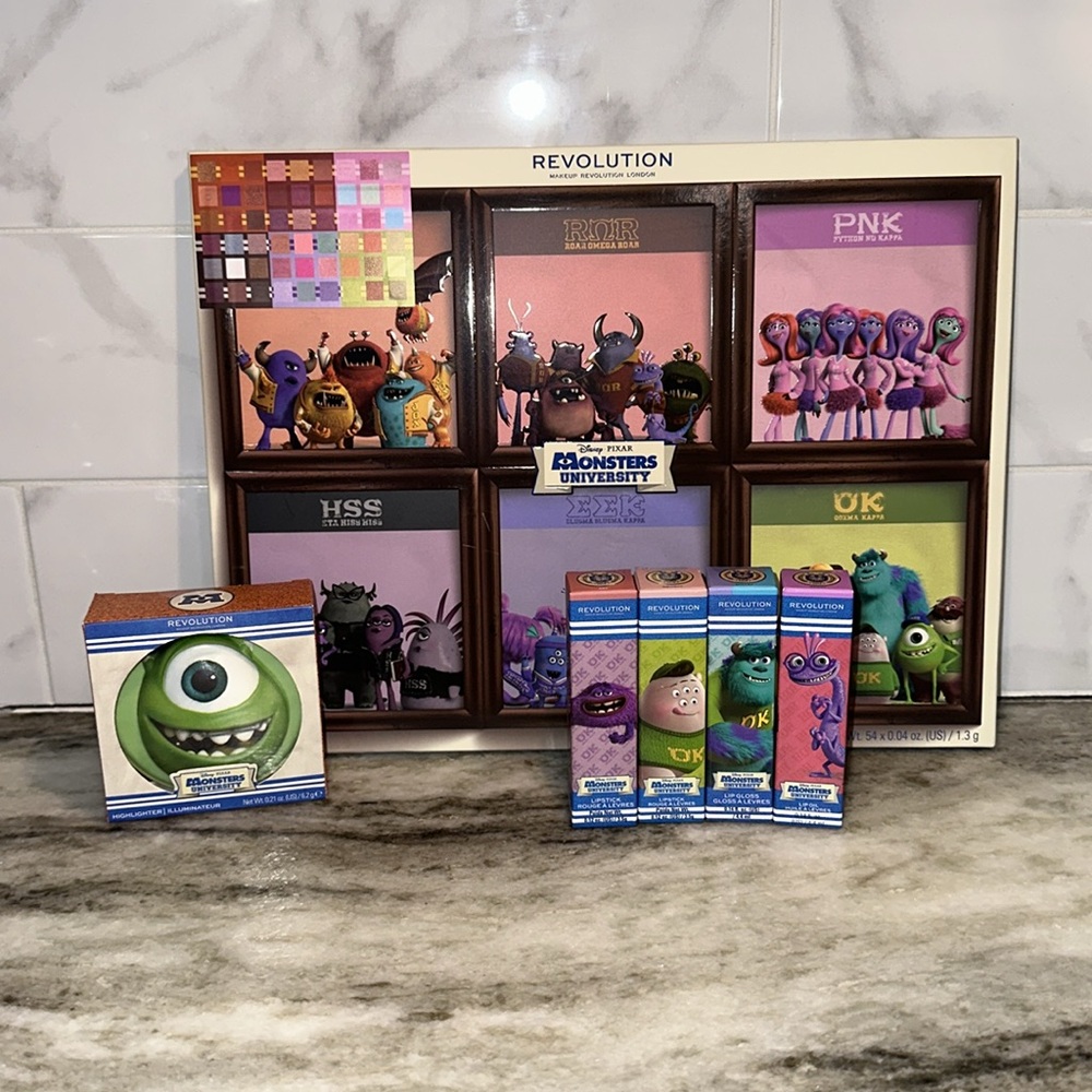 Revolution Pixar MONSTERS UNIVERSITY Eyeshadow Palette Highlighter Lip Stick Oil